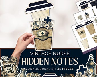 Vintage Nurse Printable Hidden Notes, Coffee Cup Pockets and Fussy Cuts, Medical Junk Journal Ephemera Set, 24 Piece PDF