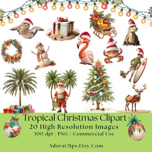 Tropischer Strand Weihnachten Clipart, PNG, Rentier, Ornament, Weihnachtsmann, kommerzielle Nutzung, Sublimation, Digital, Sofort-Download, Palme, Im Juli