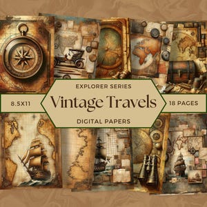 Treasure Digital Papers, Vintage Map Digital Paper, Antique Travel Backgrounds for Junk Journals, Steampunk, Compass Scrapbooking Ephemera