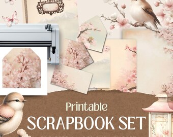 Cherry Blossom Scrapbook Kit with Ephemera, Sakura Journal Pages and Clipart for Spring Crafts