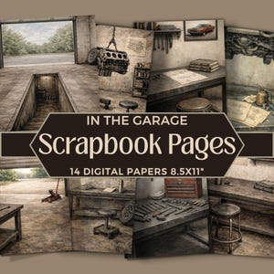 Puede incluir: Un collage de páginas de álbumes de recortes digitales con temática de garaje. Las páginas presentan imágenes de un taller de reparación de automóviles, herramientas y piezas de automóviles. El texto "IN THE GARAGE" y "Scrapbook Pages" se muestra en una pancarta marrón. Las páginas miden 21,59 cm x 27,94 cm.