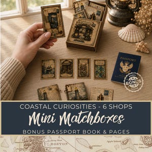 May include: A set of Coastal Curiosities mini matchboxes featuring lighthouse and shop illustrations, including a blue passport book, decorative postage stamp-style cards, and a storage box, all with a vintage aesthetic and sepia-toned paper.