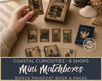 May include: A set of Coastal Curiosities mini matchboxes featuring lighthouse and shop illustrations, including a blue passport book, decorative postage stamp-style cards, and a storage box, all with a vintage aesthetic and sepia-toned paper.