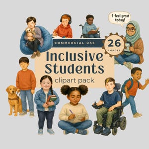 May include: A digital clipart pack titled "Inclusive Students" featuring illustrations of diverse children. The images include children using assistive devices, reading, and writing. The pack includes 26 images and is for commercial use.