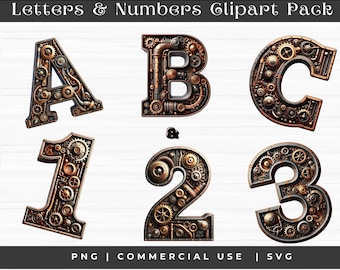 Steampunk Letters Numbers Clipart, Steampunk Digital Alphabet, Steampunk Style, Digital Alphabet, ABC, 123, Antique Letters, Commercial