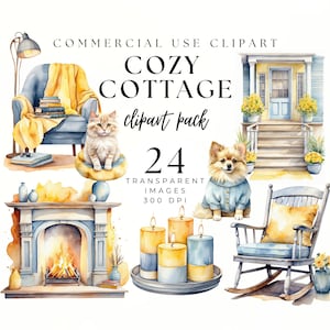 Blue Yellow Cottage Core Clipart, Rustic Cottage Clipart, Yellow and Blue Country Cottage, Countryside Living, Junk Journal, Watercolor PNG