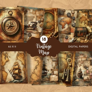 Treasure Digital Papers, Map Papers, Travel Junk Journal, Vintage Maps, Old Maps, Junk Journal, Collage Sheet, Paper Craft, Scrapbook Papers
