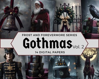 以下が含まれることがあります： 「Frost and Forevermore Series」のデジタルペーパーコレクション「Gothmas Vol. 2」。画像には、サンタクロース、カラス、ベル、スノードームなど、さまざまなゴシック様式のクリスマスイラストが描かれています。
