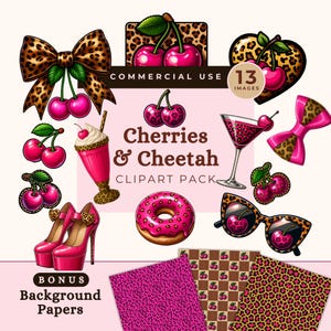 Puede incluir: Un paquete de imágenes prediseñadas digitales con un tema de cerezas y guepardo. Incluye un lazo, tacones altos, un batido, un martini, gafas de sol, una rosquilla y papeles de fondo. El texto dice "Cherries & Cheetah Clipart Pack".