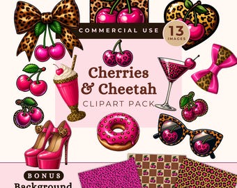 May include: A digital clipart pack featuring various illustrations with a cherry and cheetah print theme. Includes a bow, high heels, a milkshake, a martini, sunglasses, a donut, and background papers. The text reads "Cherries & Cheetah Clipart Pack."