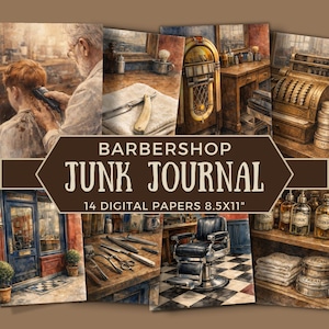 Pode incluir: Uma coleção de 14 papéis digitais para um junk journal, com cenas de barbearia vintage. As imagens incluem um barbeiro cortando o cabelo, uma navalha, uma jukebox e uma cadeira de barbeiro. O texto diz "Barbershop Junk Journal 14 Digital Papers 8.5x11".
