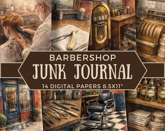 May include: A collection of 14 digital papers for a junk journal, featuring vintage barbershop scenes. The images include a barber giving a haircut, a straight razor, a jukebox, and a barber chair. The text reads "Barbershop Junk Journal 14 Digital Papers 8.5x11".