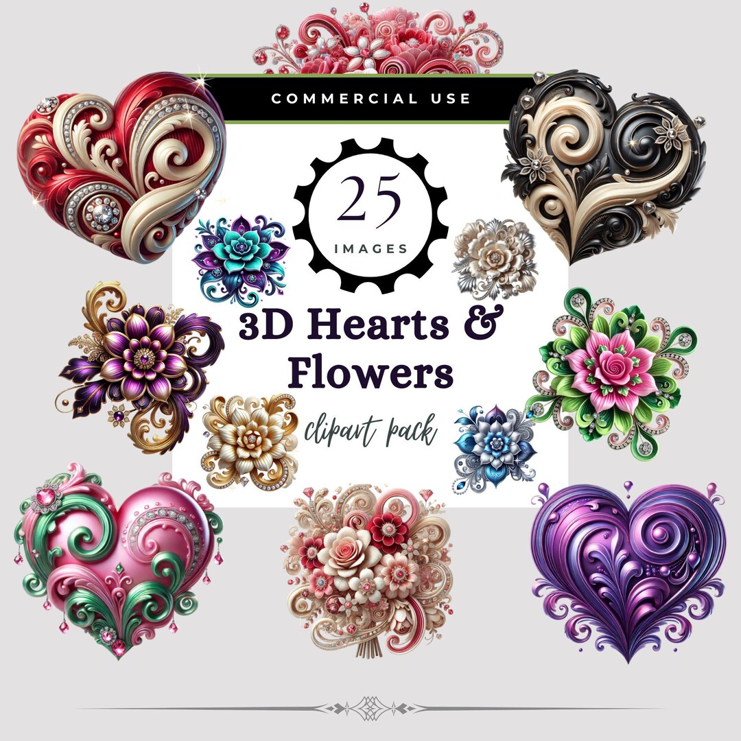 Floral Heart Clipart, 3D Romantic Flower Clip Art, Love Valentine ...