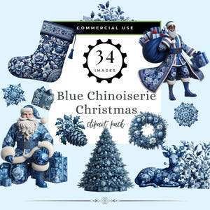 Blue Chinoiserie Christmas Clipart, Blue Toile Christmas, Christmas Toile Ornaments, Vintage Christmas Ephemera, Toile De Jouy Xmas PNG