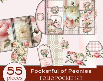 Pioenwaterval foliokit, pioenrozen ongewenste dagboekkit, shabby chic folio, ephemera pioenroos, afdrukbare ephemera, plakboekset pioenrozen