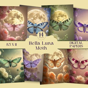 Luna Moth Digital Paper, Vintage Celestial Moth Junk Journal Pages, Mystical Nocturnal Scrapbook, Dark Cottagecore Moth Background, Moonlit