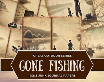 Fishing Junk Journal Pages, Fisherman Collage Kit, Fish Stories Junk Journal Kit, Vintage Fishing Ephemera, Masculine Scrapbook, Fathers Day