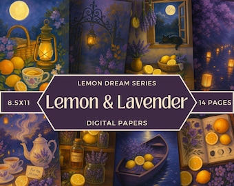 Lemon and Lavender Junk Journal, Purple and Yellow Scrapbook Papers, Lavender and Lemonade Digital Background, Cottagecore Floral Collage