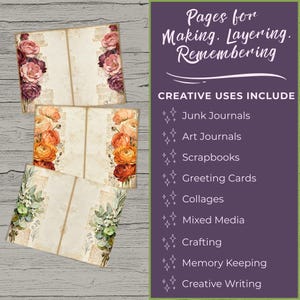 Craft workspace image showing a cutting machine printing a Whispered Blooms journaling page with purple floral accents and aged paper textures. Scissors, glasses, greenery, and coffee surround the machine. Text reads “Print. Cut. Build. Easy to Start. Fun to Finish!” highlighting beginner-friendly printable crafting use.