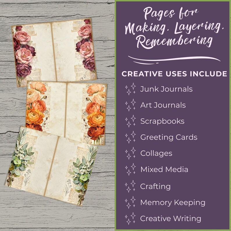 Craft workspace image showing a cutting machine printing a Whispered Blooms journaling page with purple floral accents and aged paper textures. Scissors, glasses, greenery, and coffee surround the machine. Text reads “Print. Cut. Build. Easy to Start. Fun to Finish!” highlighting beginner-friendly printable crafting use.