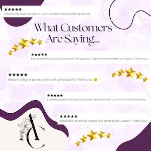 Customer testimonial display on purple and cream background with decorative swirls and gold stars. Title "What Customers Are Saying..." features five 5-star reviews praising color choices, easy downloads, quality graphics, and artwork. Includes AdoraClips floral "AC" logo with ornamental monogram. Reviews emphasize high recommendation for projects, beautiful digital papers, excellent quality, and stunning clipart images with appreciation messages.