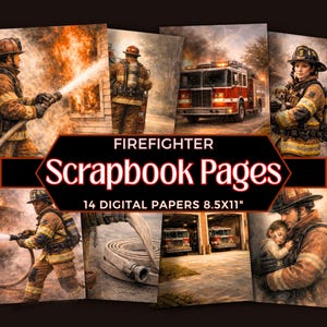 May include: A collection of digital scrapbook pages with a firefighter theme. The images show firefighters at work, including scenes of fire, fire engines, and rescue operations. Text on the image reads "Firefighter Scrapbook Pages" and "14 Digital Papers 8.5x11 inches".
