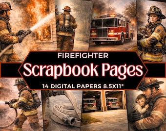 May include: A collage of digital scrapbook pages with a firefighter theme. The images depict firefighters in action, including scenes of fire, fire trucks, and rescue operations. Text on the image reads "Firefighter Scrapbook Pages" and "14 Digital Papers 8.5x11".
