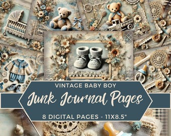 Junk Journal "Baby Boy ", Baby Journal Papers, Vintage Baby Boy Scrapbook, Teddy Bears, Shabby Chic, Soft Blue Baby Shower Background, Cards