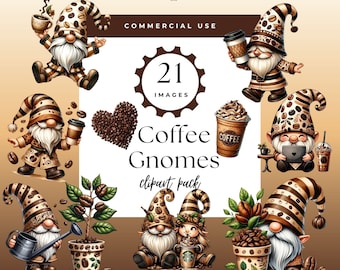 May include: A set of 21 digital clipart images featuring coffee-themed gnomes. The gnomes are depicted in various poses, including holding coffee cups, watering coffee plants, and sitting with coffee mugs. The images are perfect for crafting projects, scrapbooking, and digital design.