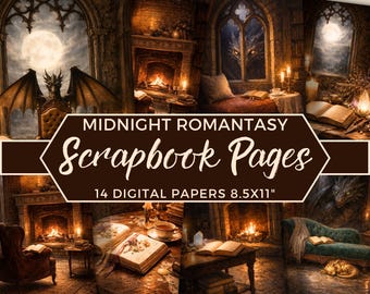 May include: A collection of digital scrapbook pages with a midnight fantasy theme. The images feature gothic interiors, dragons, full moons, and cozy reading nooks. The text on the image reads "Midnight Romantasy Scrapbook Pages 14 Digital Papers 8.5x11".