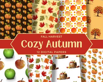 Cozy Autumn Digital Paper, Fall Leaves & Pumpkin Seamless Patterns for Scrapbooks (Digital Download)