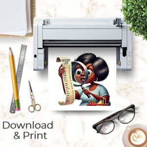 Craft workspace flat lay showing home printer outputting woman-with-magnifying-glass clipart design. White marble background includes yellow pencil, metal ruler, scissors with gold handles, reading glasses, and latte with heart foam art. Text overlay "Download & Print" promotes print-at-home capability. Woven basket and greenery visible in composition. Clean, inspiring crafting aesthetic demonstration.