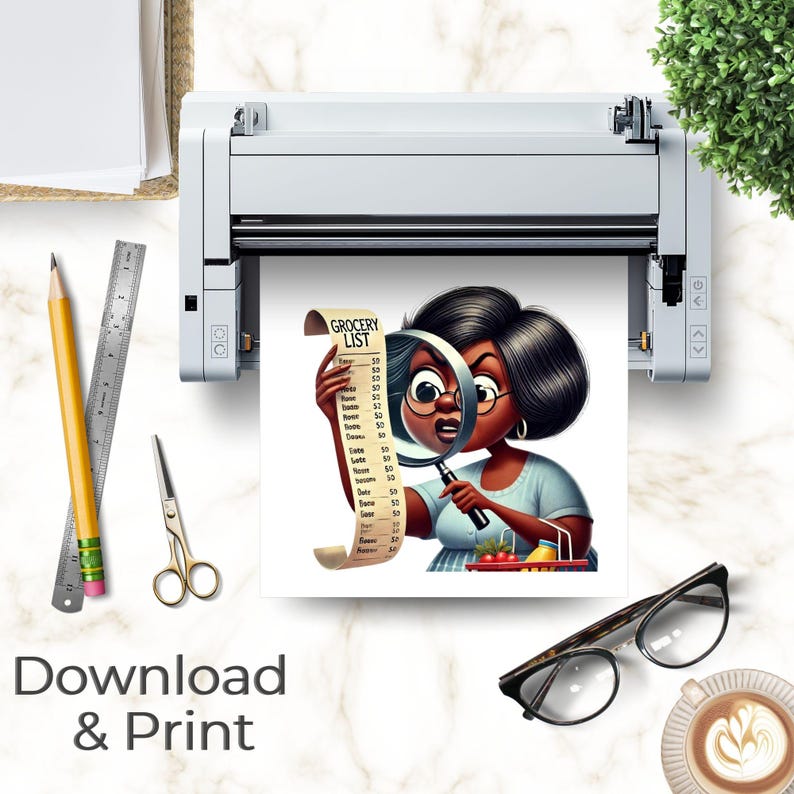 Craft workspace flat lay showing home printer outputting woman-with-magnifying-glass clipart design. White marble background includes yellow pencil, metal ruler, scissors with gold handles, reading glasses, and latte with heart foam art. Text overlay "Download & Print" promotes print-at-home capability. Woven basket and greenery visible in composition. Clean, inspiring crafting aesthetic demonstration.