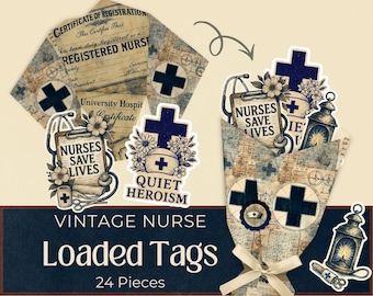 May include: Vintage nurse-themed loaded tags. The tags feature a cross, a nurse's hat, a stethoscope, and the text "Nurses Save Lives" and "Quiet Heroism". The tags are decorated with flowers and a vintage map design. The set includes 24 pieces.