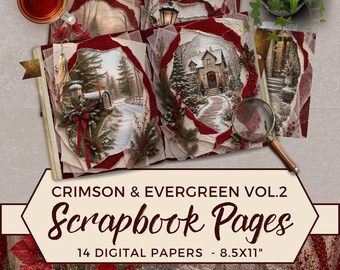 May include: A collection of scrapbook pages titled Crimson & Evergreen Vol. 2 featuring 14 digital papers measuring 8.5x11 inches. The pages display winter scenes with snow-covered houses, mailboxes, and evergreen trees, accented by red ribbons.