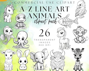 Animal Clipart Black and White, Animal Clipart,PNG,Sublimation, A-Z Animals, Coloring Clipart, Cute Animals, Chibi Animals, PNG, Line Art