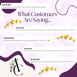 Customer review graphic featuring five-star testimonials praising AdoraClips’ digital papers for color, quality, and creativity. Purple and gold design with decorative stars and AC logo. Great for building trust and highlighting buyer satisfaction for printable craft collections.