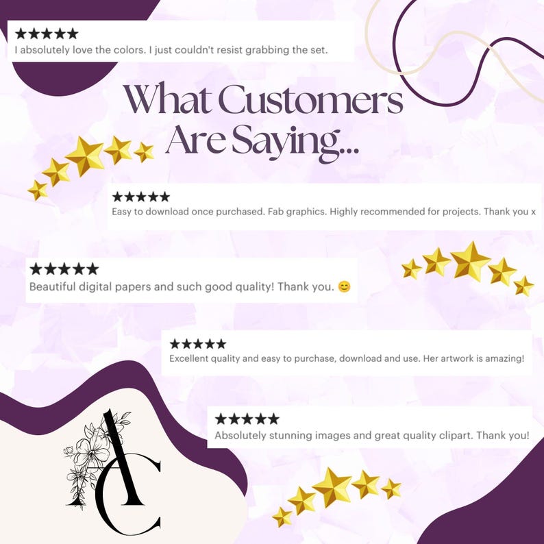Customer review graphic featuring five-star testimonials praising AdoraClips’ digital papers for color, quality, and creativity. Purple and gold design with decorative stars and AC logo. Great for building trust and highlighting buyer satisfaction for printable craft collections.