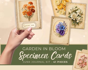 May include: A set of rectangular specimen cards featuring vintage-style botanical illustrations of orange marigolds, yellow ranunculus, white roses, purple anemones, and pink blossoms, with the text Garden in Bloom Specimen Cards Junk Journal Kit 41 Pieces.