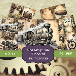 Steampunk Junk Journal, Travel Journal Papers, Steampunk Ephemera, Mechanical Digital, Scrapbook Digital Papers,Vintage Transport, Victorian