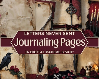 May include: A collection of 14 digital journaling papers, each 8.5x11 inches, with a vintage aesthetic. The papers feature aged textures, decorative elements like keys, roses, and a raven, and the text "Letters Never Sent Journaling Pages".