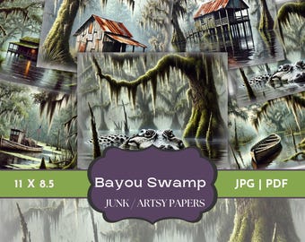 Junk Journal Swamp, Swamp Digital Papers, Bayou Life, March Papers, Bayou, Louisiana, Swamp Life, Crocodile Papers, Spanish Moss, Commercial