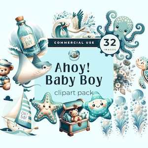 Baby Boy Clipart, Baby Shower, Nautical Clip Art, Newborn Nursery, Blue Marine Baby, Nautical Clipart, Newborn Clipart, Nursery Art,Wall Art