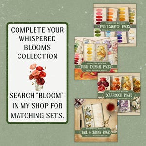 Promotional graphic for the Whispered Blooms collection featuring a sage green textured background, a white framed panel with vintage red poppy illustration, and text encouraging shoppers to search “Bloom” for matching sets. To the right, thumbnail previews show coordinated paint swatch pages, junk journal pages, scrapbook pages, and tall & skinny journal pages in soft florals and painterly pigments.