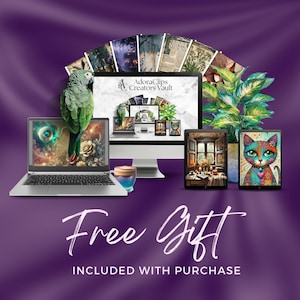 Promotional graphic labeled "Free Gift INCLUDED WITH PURCHASE" on purple background. Features the "AdoraClips Creators Vault" branding displayed on multiple devices including laptop, desktop monitor, tablets, and phone. Showcases various artistic images including a green parrot, cosmic scenes, floral arrangements, vintage newspapers, tropical plants, colorful cat artwork, and window scenes with breakfast table setting.