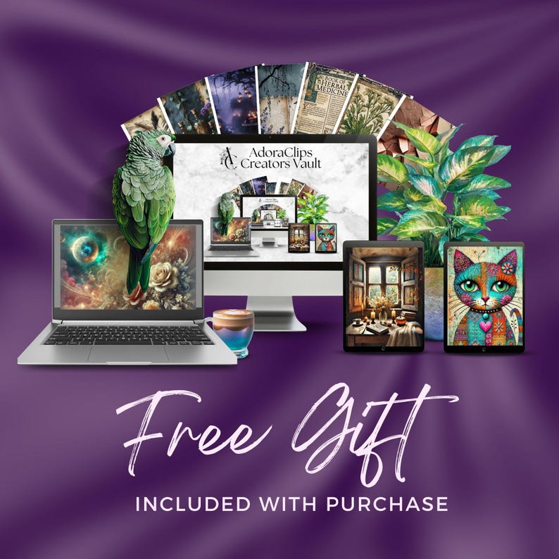 Promotional graphic labeled "Free Gift INCLUDED WITH PURCHASE" on purple background. Features the "AdoraClips Creators Vault" branding displayed on multiple devices including laptop, desktop monitor, tablets, and phone. Showcases various artistic images including a green parrot, cosmic scenes, floral arrangements, vintage newspapers, tropical plants, colorful cat artwork, and window scenes with breakfast table setting.