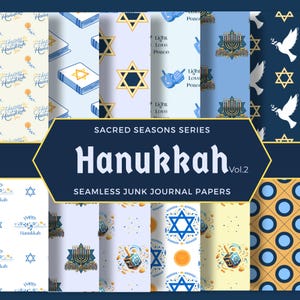 Hanukkah Seamless Paper Pack, Dreidel Menorah Torah Patterns, Blue & Gold Digital Scrapbook Designs, HAN, Jewish Holiday Junk Journal
