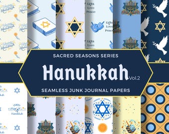 Hanukkah Seamless Paper Pack, Dreidel Menorah Torah Patterns, Blue & Gold Digital Scrapbook Designs, HAN, Jewish Holiday Junk Journal
