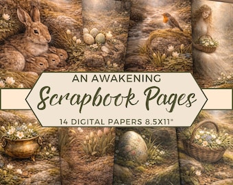 May include: Digital scrapbook pages featuring nature scenes with rabbits, birds, and a woman with a basket. The text reads "An Awakening Scrapbook Pages" and "14 Digital Papers 8.5x11". The images have a soft, painterly style with muted colors.