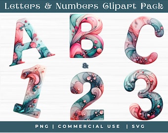 Alfabet clipart, cijfers clipart, roze letters, groenblauw letters, ABC clipart, 123 clipart, letter blokken clipart, commercieel, png, SVG, a-Z